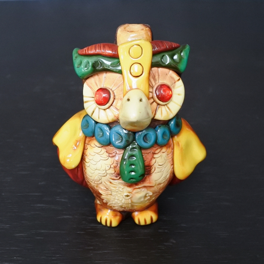 Vintage Mexico Handmade Aztec Style Owl Figurine Ceramic Whistle
